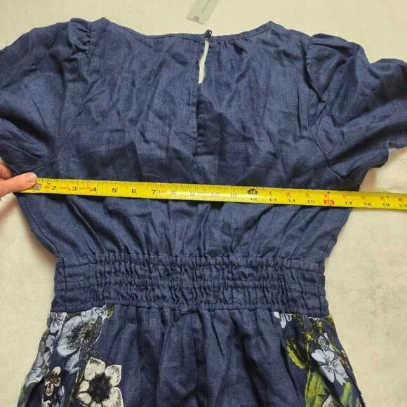 New SP By Anthropologie The Somerset linen printed jumpsuit in blue S Petite